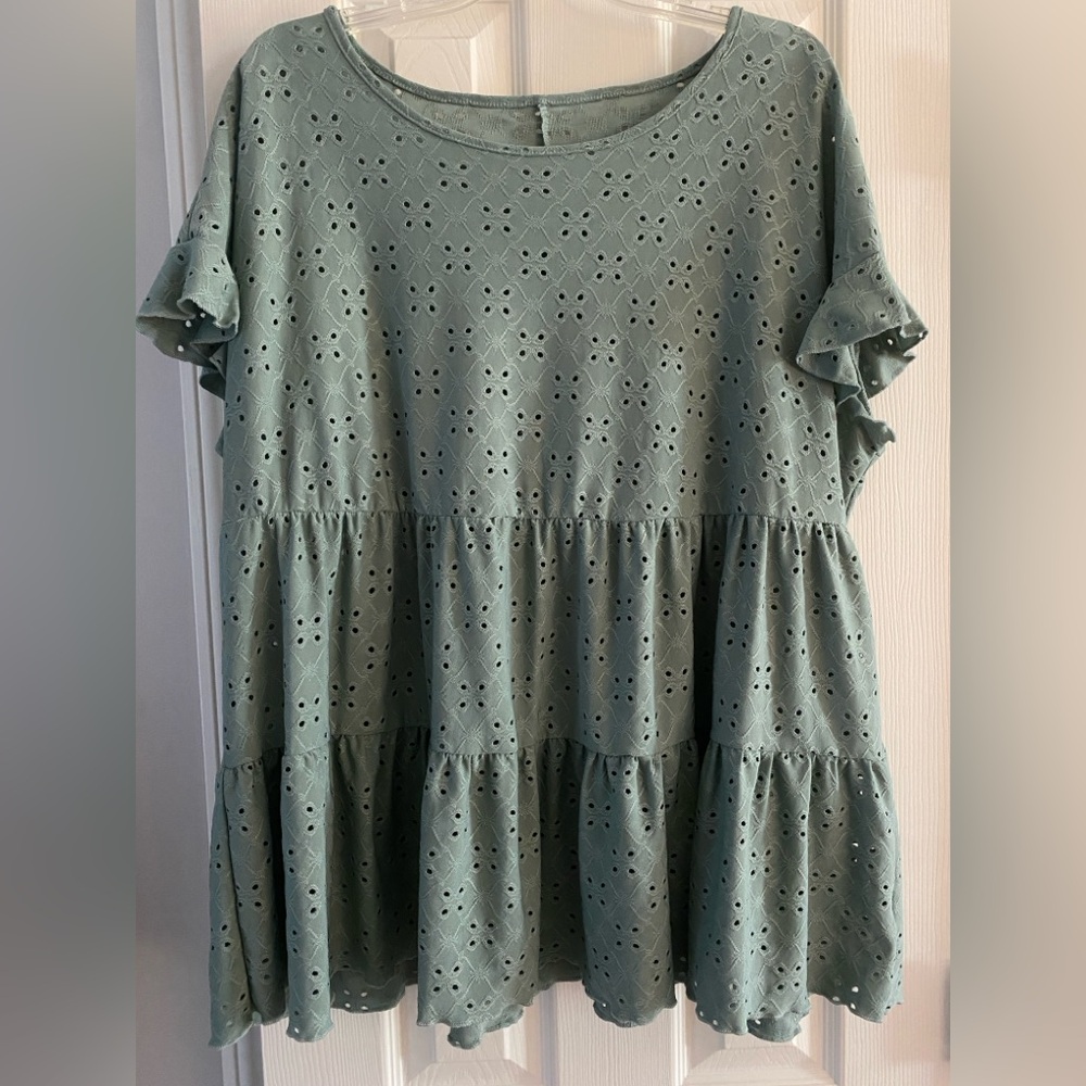 Women’s Plus Size Tiered Sage Green Ruffled-Sleeve Top